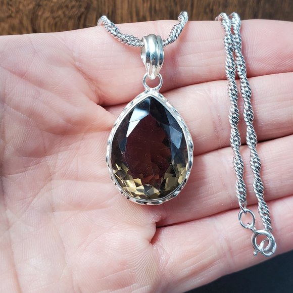 18 Inch Sterling Silver Large Smokey Quartz Gem Pendant Necklace - Picture 3 of 9